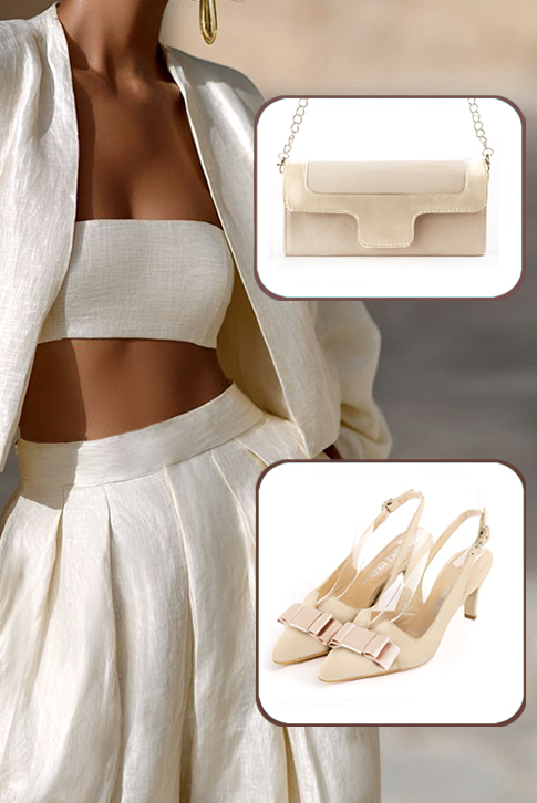 Women's champagne white and gold elegant slingback heels, with a bow on the front. Tapered toe. Medium slim heel - Top view